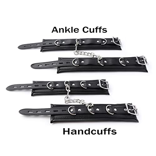 Image of Padded Faux Leather Sex Cuffs, BDSM Bondage Restraints Toys Bondage Handcuffs and Ankle Cuffs for Sex (Handcuffs and Ankle Cuffs Set, Black)