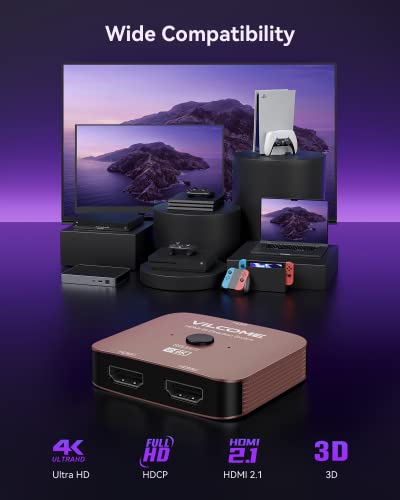 Vilcome Hdmi 2.1 Switch, 4K 120Hz Hdmi Switcher Ultra Hd 8K Hdmi Splitter 2 In 1 Out 48Gbps Hdmi Hub Support Hdr 8K@60Hz, 4K@144Hz, 2K@240Hz For Ps4/Ps5 Xbox Roku Apple Tv Fire Stick Rose Gold #TOP5