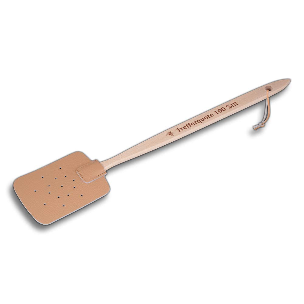 HOFMEISTER® Fliegenklatsche Groß aus Leder, Fliegentöter mit Holzstiel, Mückenklatsche, Insektenvernichter, Holzgriff, Effektiver Fliegenvertreiber & Mückenvernichter