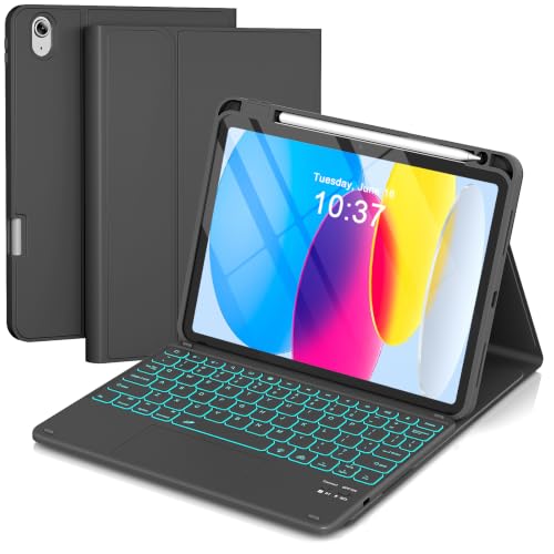 Image of RAYMCRAFT for iPad (A16) 11th /10th Generation Case with Keyboard, 7 Color Backlit, Multi-Touch Trackpad, Folio Case with Pencil Holder, Detachable Wireless Keyboard for iPad (A16) 11th /10th, Black