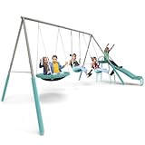 Sportspower Super Saucer Metal Swing Set with 5 ft Slide & 2 Swings, Padded...