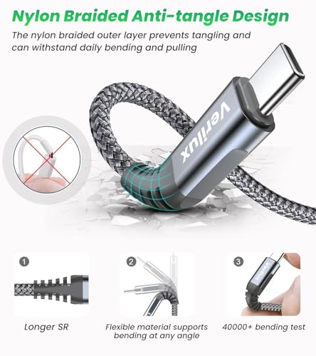 Image of Verilux 2Pcs PD 100W Type C Cable Fast Charging, 6.6Ft /2M Braided C Type Charger Cable, 480Mbps Data Transfer USB C to C for iPhone 17 /17 Pro /17 Pro Max /16 /15, Galaxy S25 /S24 /S23, More USB C Equipment