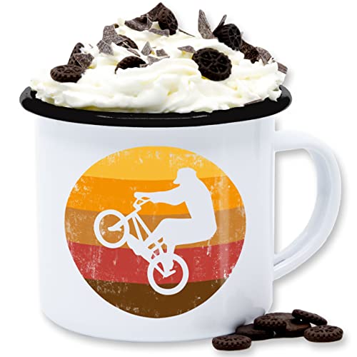 Emaille Tasse Blechtasse - Deko Hobby - Radsport Geschenk BMX Fahrer Geschenk Radfahrer I - 300 ml - Weiß Schwarz - rad mtb fahrrad downhill fahrradmotiv mountainbike für fahrradfahrer vintage