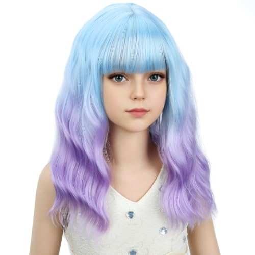Image of Light Blue Ombre Light Purple Wig for Girls Blue Purle Wig with Bangs Adult Short Wavy Curly Wigs Synthetic Cosplay Hair Wigs
