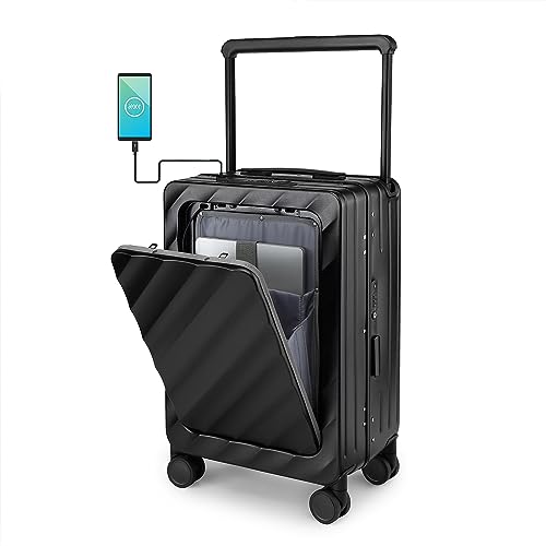 Sea choice Maleta Trolley Asas Anchas con Bolsillo Frontal con Cerradura Puerto de Carga Type-C y USB Equipaje de Mano en Policarbonato con Botón de Rebote Cerradura TSA 8 Ruedas Giratorias,Negro