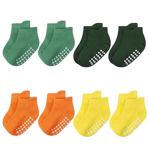 Jealkip 8 Pairs Baby & Toddler Cotton Non-Slip Ankle Socks - Grip Socks for Boys & Girls, 4-7 Years (Green, Dark Green, Orange, Yellow)