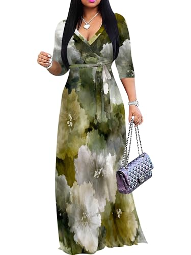 Image of Plus Size Dresses for Women Floral Print Maxi Dress Flowy 3 /4 Sleeve with Belt