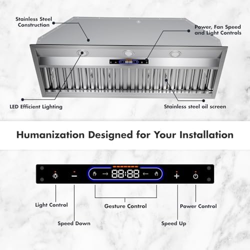 48 Inch Built-in Range Hood Insert, Micmi Stainless Steel Dual Motors 1400 CFM Kitchen Stove Vent, Gesture & Touch Control, 4 Speed Ducted Exhaust Fan with Baffle Filters, ETL Certified — view 3