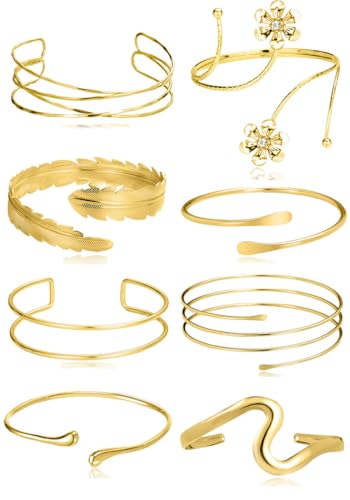 Tornito 8Pcs Arm Cuff Open Upper Arm Band Bangle Bracelet Coil Flower Feather Swirl Filigree CZ Armlet Jewelry for Women Men Gold Tone Size Adjustable