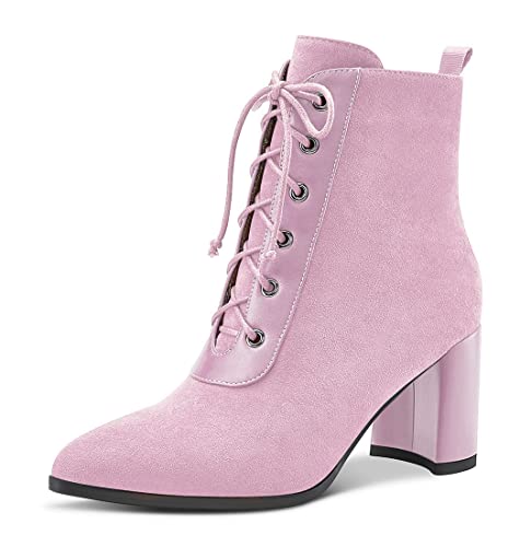 Aachcol Women Chunky Block Mid High Heel Ankle Boots Short Bootie Lace-up Close Pointed Toe Shoes Suede 3 Inch