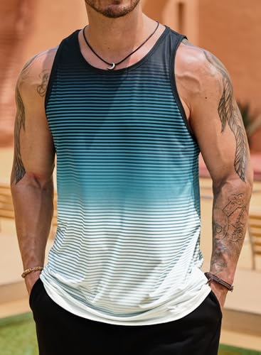 men39s pinstripe tank sport top swim tank vacation tropical graphic casual beach cutoff shirt blue l