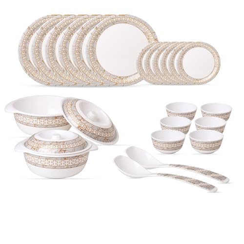 Image of Golden Fish 24 Pcs Dinner Set with Covered Donga for 6 | 6 Full Plates, 6 Quarter Plates, 6 Veg Bowls, 2 Donga with Lid & 2 Serving Spoons | Hygienic Serving Set for Home Dining & Hosting