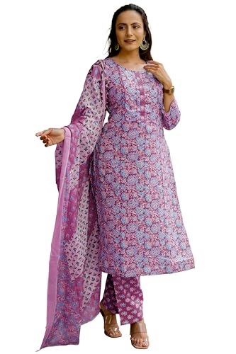 Image of MIRCHI FASHION Women's Straight Fit Pure Cotton Embellished Floral Printed Kurta Set with Dupatta and Trouser