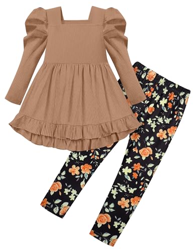 Qaoerde Toddler Girls Clothes Size 5 Girls 4t Outfits Square Neck Ruffle Hem Long Sleeve Top Floral Print Leggings 2Pcs Fall Winter Toddlers Girls Clothing Sets Brown