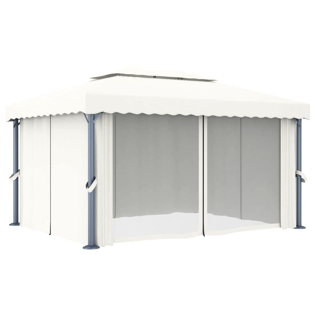 Pawilon z zasłoną, 4 x 3 m, kremowo-biały, aluminiowy namiot ogrodowy z odpornym na promieniowanie UV dachem poliestrowym i moskitierą, na taras, do ogrodu, na kemping, do użytku na zewnątrz