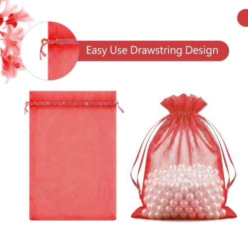 Image of FUNFERY 100PCS Red Organza Gift Bags 4x6in,Drawstring Pouch for Jewelry