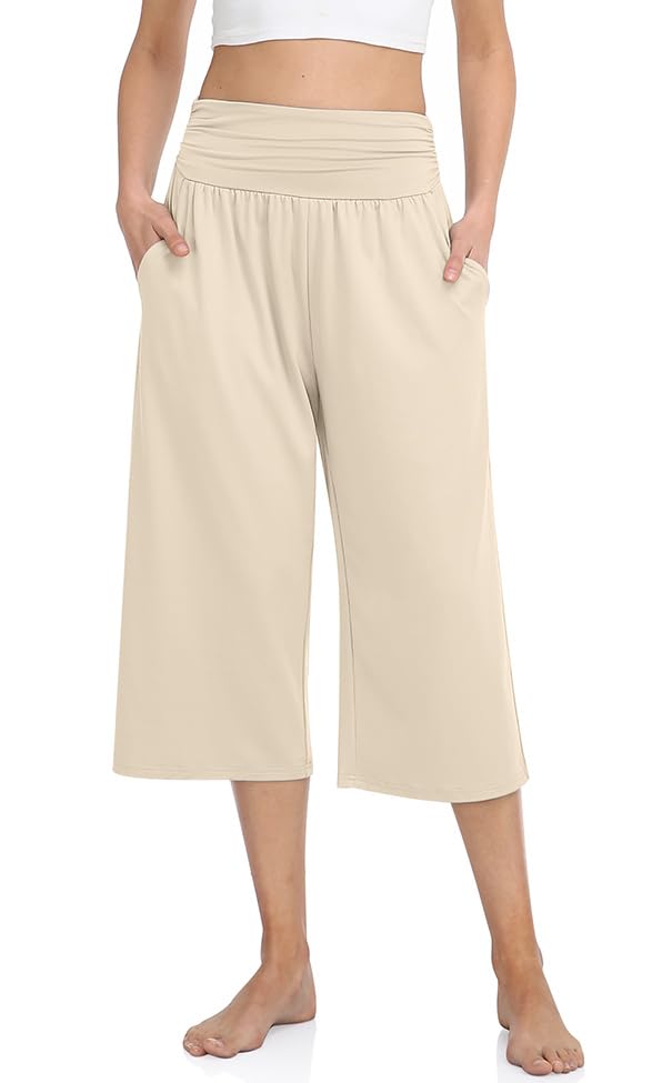 TARSE Womens Capris Lounge Yoga Pajama Cropped Pants Casual Wide Leg with Pockets Elastic Waist Workout Sweat Pants Summer