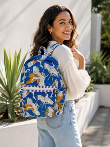 Image of Doraya Cotton Quilted Unisex Backpack Hand Block Floral Printed Design Stylish Eco-Friendly Bag for School, Travel, and Everyday Adventures