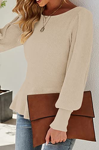 Image of Womens Fall Puff Sleeve Peplum Casual Slim Fit Knit Pullover Sweater Jumper Tops