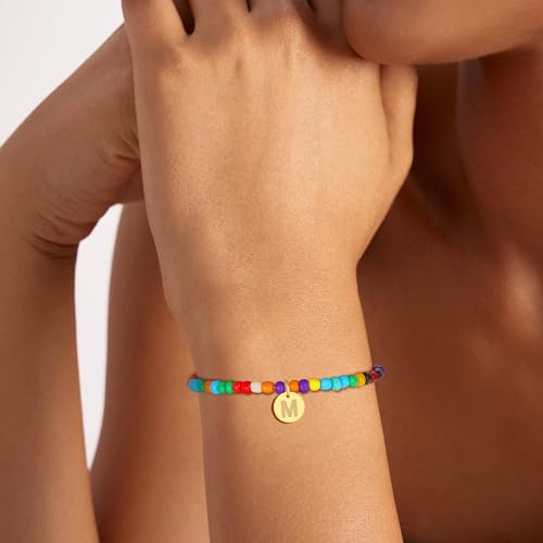 Colorful Initial Bracelets for Women Girls, Cute Beaded Initial Bracelet Teen Girl Gifts Trendy Stuff Gold Disc Letter Bracelet Personalized Gifts for Women Jewelry2