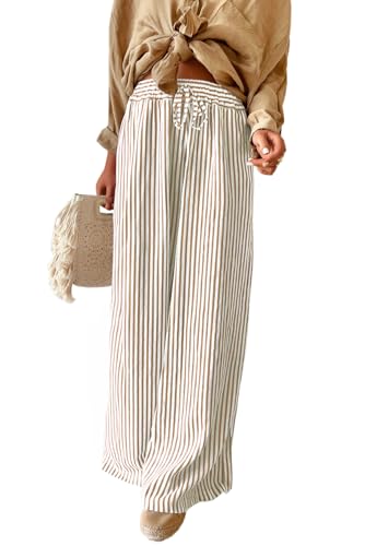 Acelitt Women Casual Drawstring Elastic Waist Striped Wide Leg Pants with Pockets, S-XXL