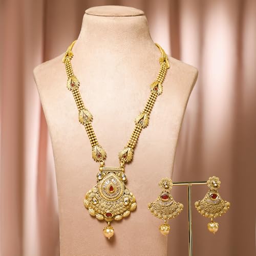Image of Rubans Gold Plated Bridal Drop Pendant Jewellery Set with Earrings for Women