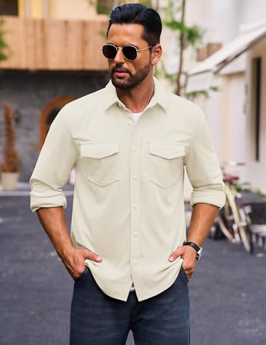 Cotrasen Men's Corduroy Shirt Jacket Button Down Long Sleeve Ribbed Shacket Lightweight Overshirt with Flap Pockets2