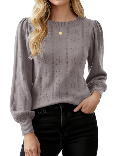 Image of GRACE KARIN Fall Sweaters for Women 2026 Puff Long Sleeve Crewneck Dressy Casual Tops Crochet Hollow Out Cute Pullover Blouse