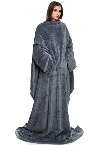 made2trade Manta suave con mangas, riñonera y compartimento para teléfono móvil, de forro polar coral ligero, color antracita, tamaño 150 x 180 cm Cover