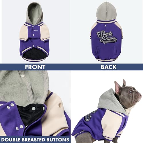 Image of Spark Paws Varsity Dog Hoodie - Premium Dog Sweater for Small, Medium, and Large Dogs | Warm Clothes for Pets, Winter Jacket Alternative - Purple - L