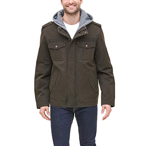 Levi's Men's Washed Cotton Military Jacket with Removable Hood (Standard and Big & Tall), Dark Brown, Small