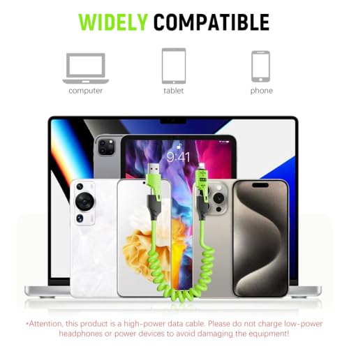 Image of Verilux 4 in1 C Type Charger Cable with Spring, PD60W Type C Cable Fast Charging, 480Mbps Data Transfer USB to Type C Cable, Multi Adjustable Cable with Type C /USB A /Light-ning Port for iPhone 16 /15