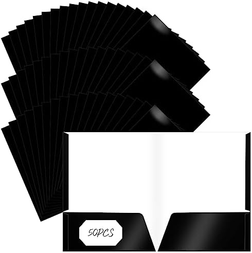 Jutom 50 Pcs 2 Pocket Glossy Laminated Paper Folders Glossy Paper Portfolios, Letter Size, Folders with Pockets Presentation Folder for Office School Student Teacher Worker Supplies (Black Color)