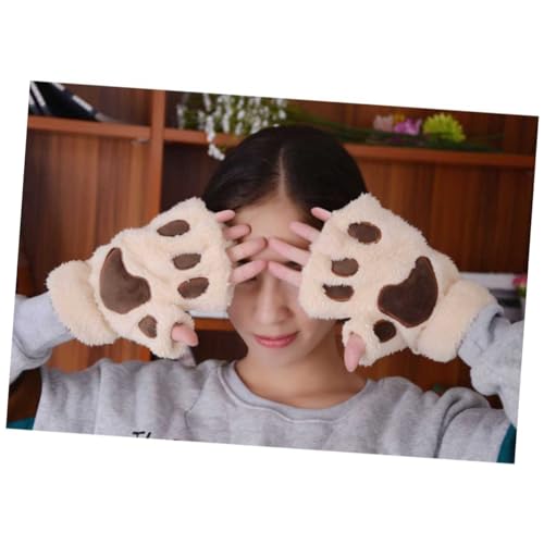 Homoyoyo Plush Fingerless Gloves for Warm Short Mittens String for Texting and Outdoor Use Beige3