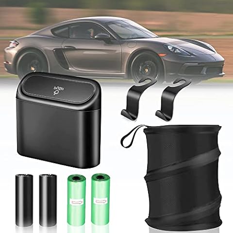 Car Bin, 1 Pcs Hanging Car Trash Can with Lid, and 1 Pcs Foldable Car Rubbish Bin, with 2 Hooks and 4 Rolls of Bin Bag Liners, Portable Push-On Design Car Garbage Can, Small Trash Bin for Car Home Cover