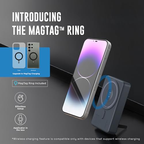 Image of URBN Slide Pro 4-in-1 MagSafe Wireless Power Bank 10000mAh with Kickstand | Fast Charging for iPhone 12 & Above, Apple Watch, AirPods & Qi-Enabled Android Devices | MagTag Ring Included (Blue)