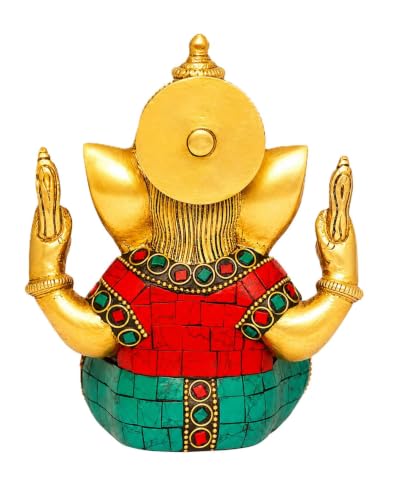 Image of Brass Ganesha Idol 5.5-Inch - Premium Ganpati Statue with Multicolour Stone Inlay for Health, Wealth, Prosperity and Home Decor