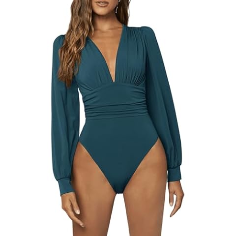 GORGLITTER Women's Sexy Ruched Deep V Neck Long Sleeve Bodysuit Plunging Neckline Leotard Shirts Teal Blue Small Cover