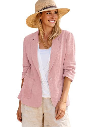 Image of Mina Self 2026 Summer Women's Linen Blazer Jacket - Lightweight Breathable 3 /4 Stretchy Ruched Sleeve Casual Work with Pocket