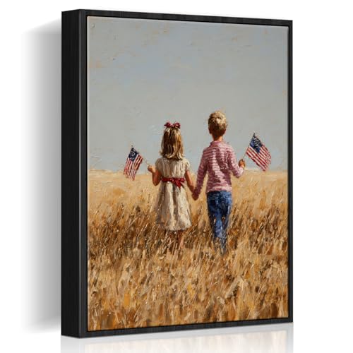 Image of American Flag Framed Canvas Wall Art, 4th of July Canvas Prints, Boy Holding USA Flag Patriotic Decorations, Modern Independence Day Wall Decor for Living Room Kids Room Dining Room Office 6x8