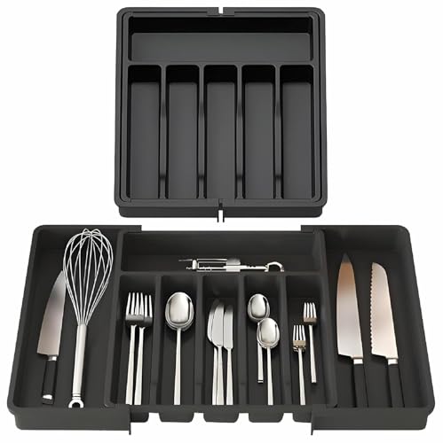 Image of JD FRESH Expandable Slider Drawer Organizer /Kitchen Cutlery Tray /Plastic Storage Tray Kitchen Organization /Adjustable Cutlery & BPA Free Flatware Holder for Spoons, Forks, Knives (Black, Pack of 1)