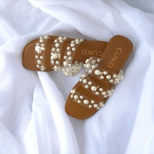 Image of Tan Festive Pearl Flats | Stylish | Slip-on | Casual | Comfortable Sandals for Women