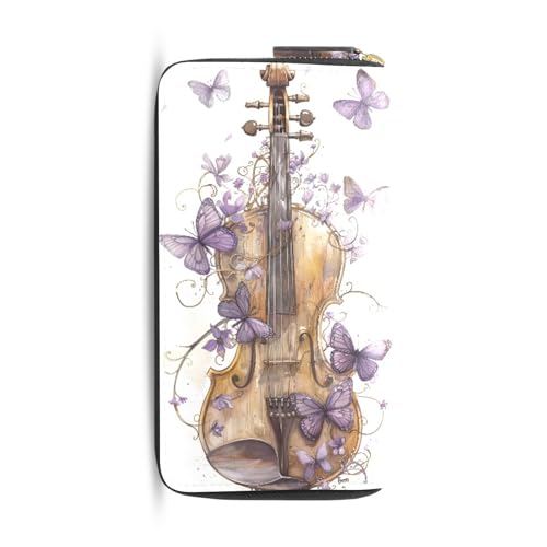 MNSRUU Womens Wallet Purses, Violine with Lilac Butterflies Clutch Purses for Women RFID Blocking Credit Card Holder Wallet Leather Zipper Coin Purse