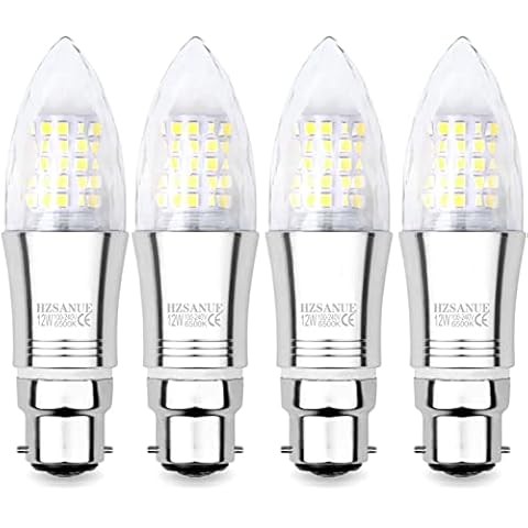 HZSANUE B22 Bayonet Cap LED Candle Bulbs 12W, 6500K Daylight White, Non Dimmable, 1350Lm, 100W Incandescent Bulbs Equivalent, 4-Pack Cover