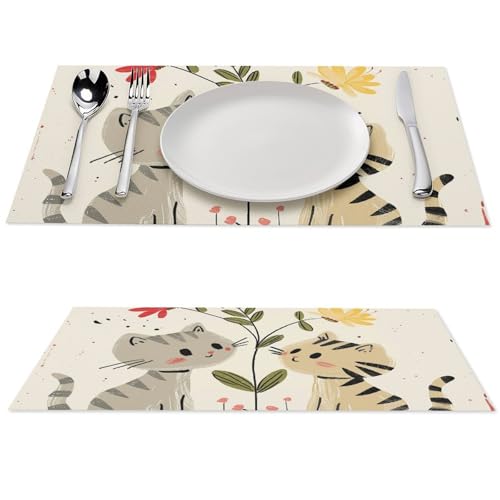 Sets de table anti-tache Draw Two Cats en PVC lavable pour table propre - 2
