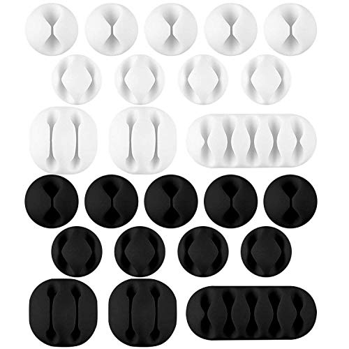24 Pack Black&White Cable Clips, SACONELL Self-Adhesive Charging Cord Organizing Desks Wire Management Cable Holder Clamps for Home and Office, Long Lasting and Durable