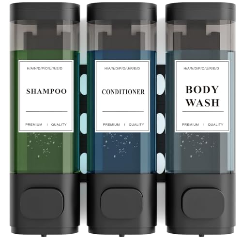 Shampoo and Conditioner Dispenser – Wall-Mounted Shower Soap Dispenser, No-Drill Installation, Lockable, 900 ml Capacity,for Bathroom & Hotel or Airbnb (Black, 3-Pack)