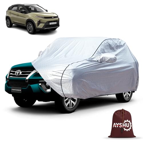 Image of AYSHU Waterproof Car Cover Compatible with Tata Nexon | Mirror & Antenna Pocket | Anti-Scratch Soft Cotton Inner Layer | Triple Stitched | Heat Resistant Metallic Silver | All-Weather Protection