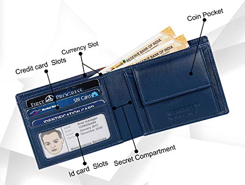 Image of Florence Genuine Leather Wallet for Men I 3 Credit /Debit Card Slots I 2 Secret compartments I 1 Coin Pocket & 2 Currency Compartments -Blue