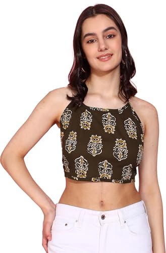 Image of Yash Gallery Women's Regular Fit Cotton Geomatrical Handblock Printed Freesize Backless Sleeveless Blouse